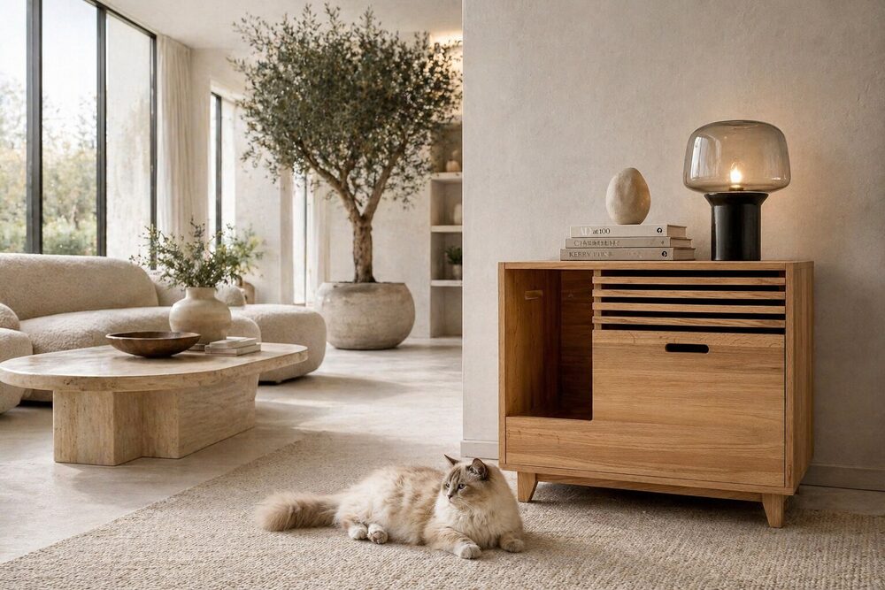 Кот рядом с деревянной тумбой Tiger Home