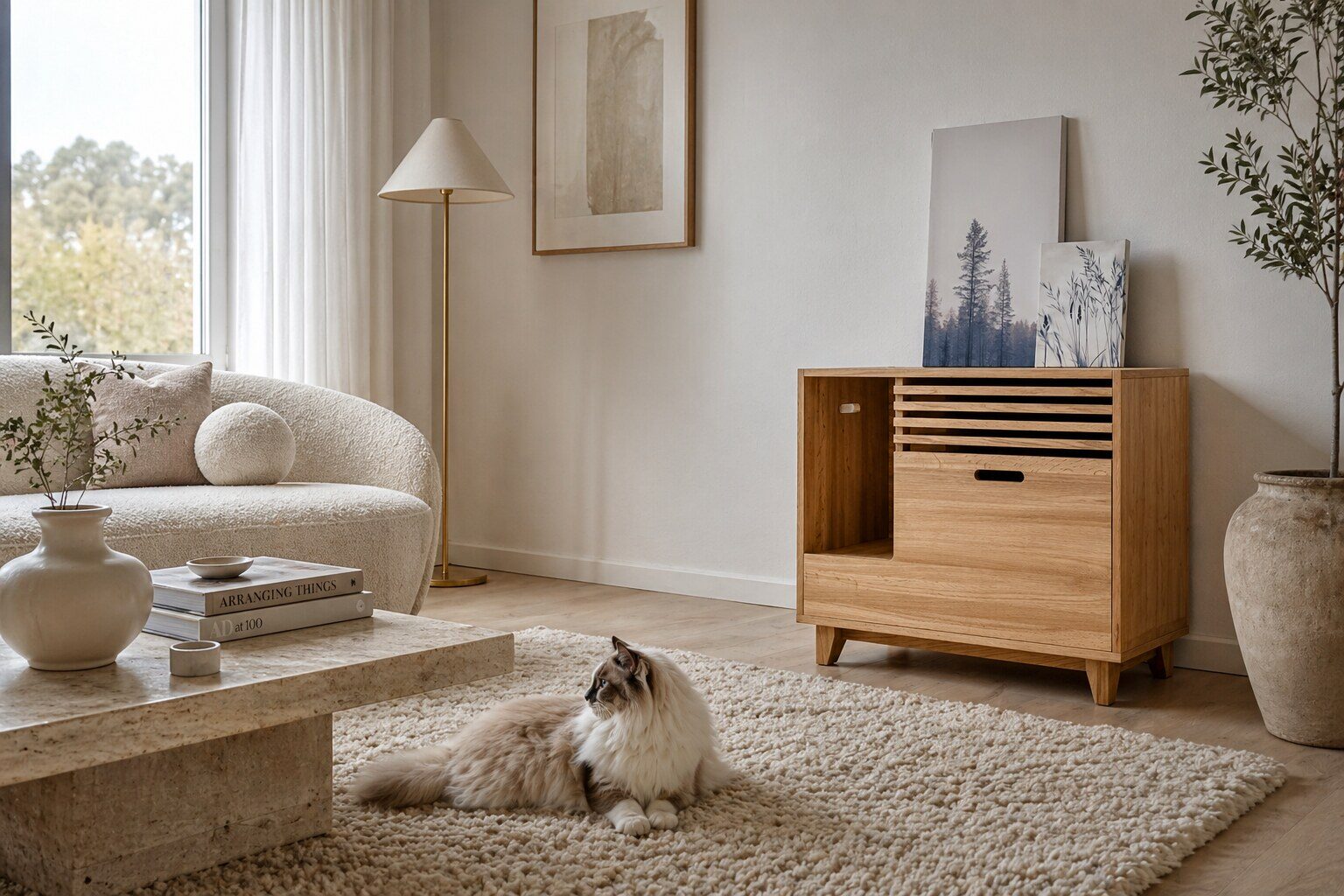 Tiger Home в светлой комнате рядом с котом